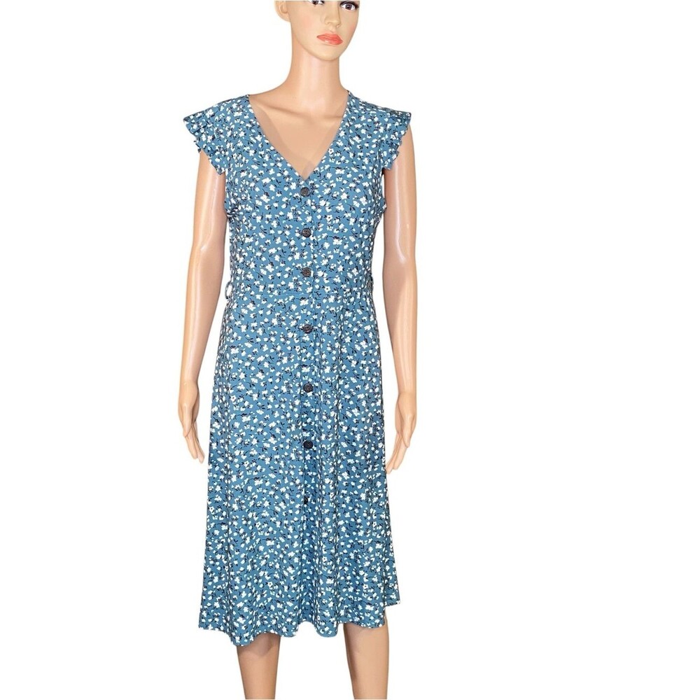 Monteau Cottagecore Midi Dress Feminine Floral Short Sleeve Front Button Detail